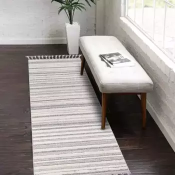 Ковер Городская дорожка "Valencia 807", прямоугольный, стиль бохо, в полоску, 3D-эффект, с бахромой, сизаль Carpet City 80х300 см, серо-синий/кремовый