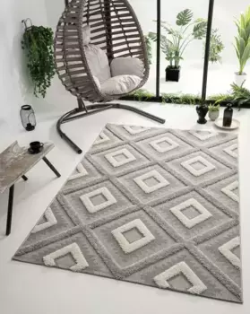 Ковер из мериноса "Kayra 54063", прямоугольный, высокая-низкая структура, стиль бохо, Scandic, подходит для использования внутри и снаружи помещений Merinos 80х150 см, серый