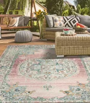 Ковер из мериноса "Salsa Outdoor 20053", прямоугольный, подходит для внутреннего и наружного использования, для открытой площадки, балкона, прочный, винтажный Merinos 80х150 см, розовый