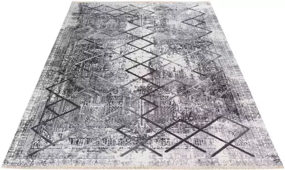 Ковер Obsession "My Valencia 633", прямоугольный, из переработанных материалов, современный клетчатый дизайн, с бахромой, можно стирать 75х150 см, серый