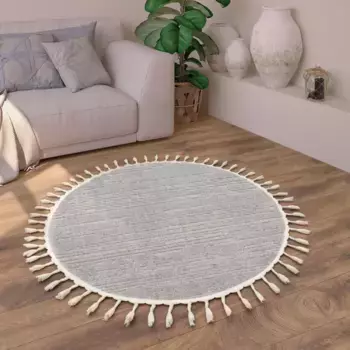 Ковер Paco Home "Auckland 294-R", круглый, короткий ворс, однотонный, с эффектом high-low, с бахромой 160 см, серый