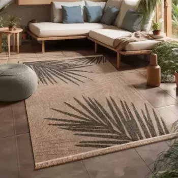 Ковер Paco Home "Cologne 491", прямоугольный, плоского плетения, листья, эффект "высокий-низкий", с бахромой, подходит для использования на открытом воздухе 120х160 см, бежевый