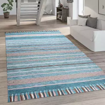Ковер Paco Home "Kilim 213", прямоугольный, двусторонний ковер ручной работы, чистый хлопок, в полоску, гостиная 60х110 см, бирюзовый