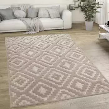 Ковер Paco Home "Livorno 671", прямоугольный, однотонный, скандинавский, ромбовидный узор, эффект "высокий-низкий", подходит для использования на открытом воздухе 200х280 см, бежевый
