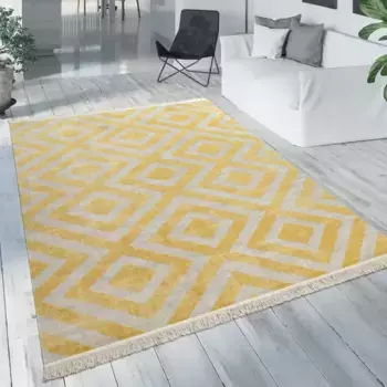 Ковер Paco Home "Poco 821", прямоугольный, короткий ворс, ромбовидный узор, с бахромой, подходит для использования внутри и снаружи помещений 240х340 см, цвет gelb/wei