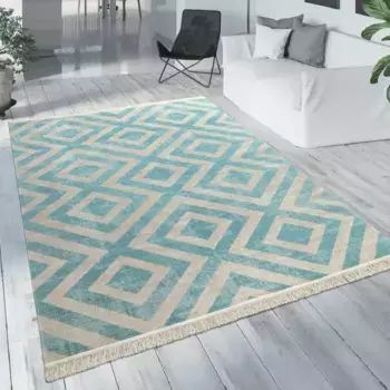 Ковер Paco Home "Poco 821", прямоугольный, короткий ворс, ромбовидный узор, с бахромой, подходит для использования внутри и снаружи помещений 120х170 см, синий/белый