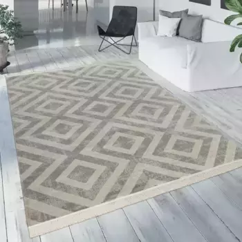 Ковер Paco Home "Poco 821", прямоугольный, короткий ворс, ромбовидный узор, с бахромой, подходит для использования внутри и снаружи помещений 240х340 см, серый/белый
