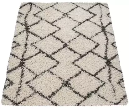 Ковер Paco Home с высоким ворсом "Kalmar 450", прямоугольный, ворсистый, скандинавский дизайн, современный ромбовидный узор, мягкий и приятный 160х220 см, кремовый/антрацит