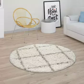 Ковер Paco Home с высоким ворсом "Kalmar 441", круглый, скандинавский дизайн, ромбовидный узор, мягкий и приятный 80 см, бежевый/кремовый