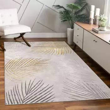 Ковер Paco Home "Tuana 218", прямоугольный, короткий ворс, современный дизайн листьев, высокая-низкая структура, гостиная 200х290 см, цвет Gold