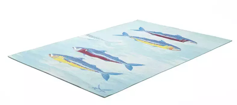 Ковер Sansibar "Rantum Beach SA-015", прямоугольный, плоского переплетения, современный дизайн, рыбный мотив, подходит для использования внутри и снаружи помещений 60х100 см, бирюзовый