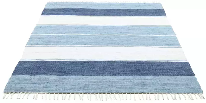 Ковер THEKO "Stripe Cotton", прямоугольный, плоского плетения, в полоску, чистый хлопок, ручная работа, с бахромой 60х120 см, синий
