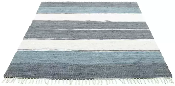 Ковер THEKO "Stripe Cotton", прямоугольный, плоского плетения, в полоску, чистый хлопок, ручная работа, с бахромой 160х230 см, серо-синий