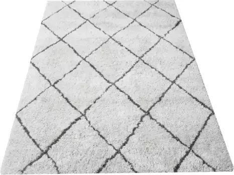 Ковер Timbers с высоким ворсом "Коврики из микрофибры Pueblo", прямоугольный, ромбы, бохо, пушистый, гостиная, спальня 60х90 см, белый