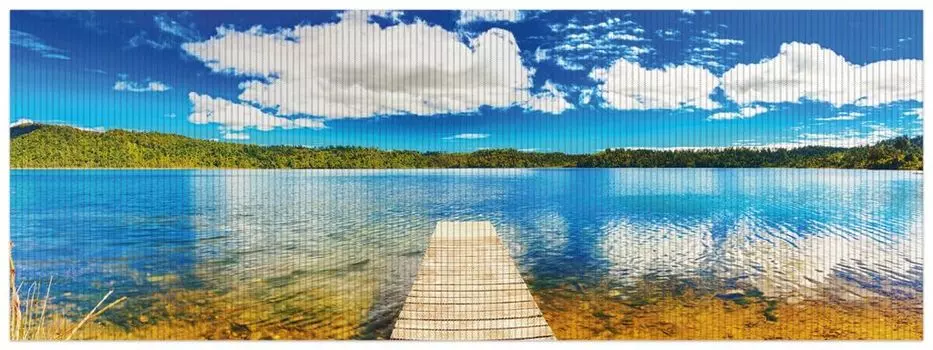 Коврик для душа Wallario, нескользящий коврик, коврик для ванной, коврик для двери, прозрачное озеро с причалом - голубое небо, размер ок. 180 х 65 см, синий