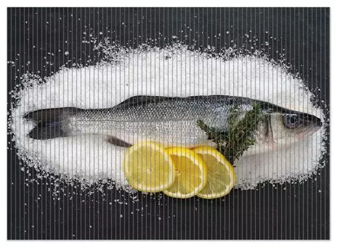 Коврик для душа Wallario, нескользящий коврик, коврик для ванной, коврик для ног, рыбное меню - свежая рыба на соли с лимонами, размер ок. 90 х 65 см, желтый