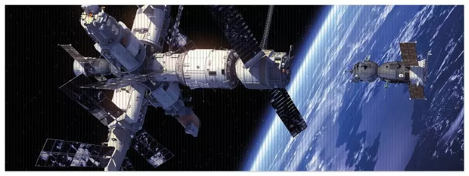 Коврик для душа Wallario, нескользящий коврик, коврик для ванной, коврик для двери, космическое путешествие - космическая станция и космический корабль в космосе, размер примерно 180 х 65 см, синий