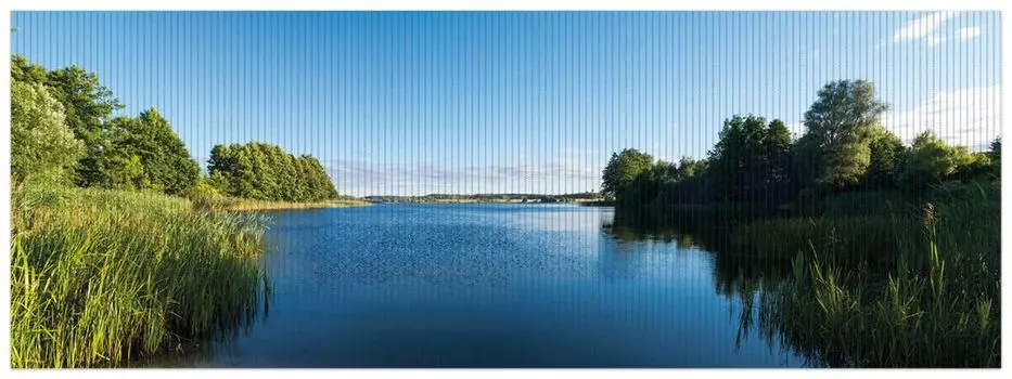 Коврик для душа Wallario, нескользящий коврик, коврик для ванной, коврик для двери, живописное озеро с камышами под голубым небом, размер ок. 180 х 65 см, черный