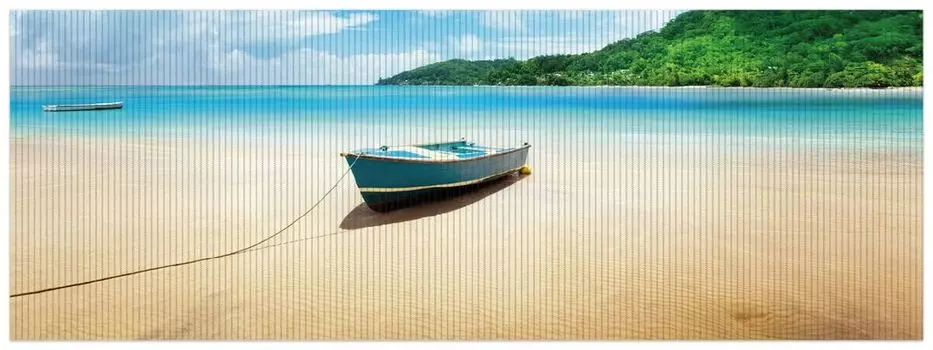 Коврик для душа Wallario, нескользящий коврик, коврик для ванной, коврик для двери, отдых на пальмовом пляже под пальмами с рыбацкой лодкой, размер ок. 180 х 65 см, синий