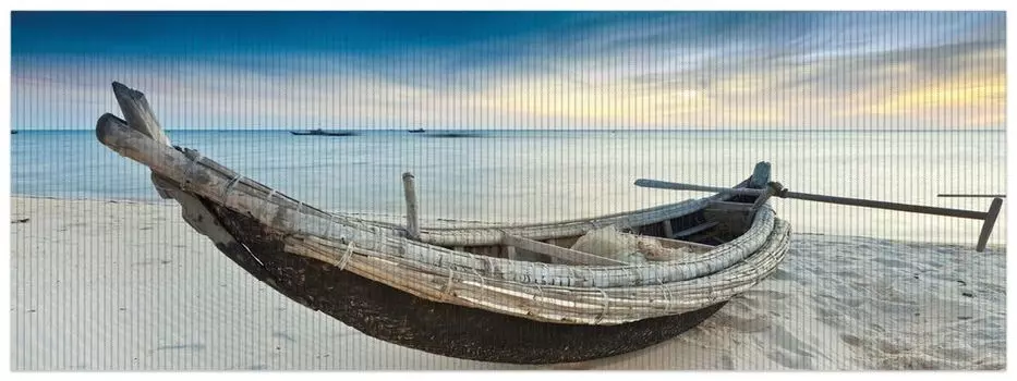 Коврик для душа Wallario, нескользящий коврик, коврик для ванной, коврик для двери, рыбацкая лодка на пляже с закатом, размер ок. 180 х 65 см, синий