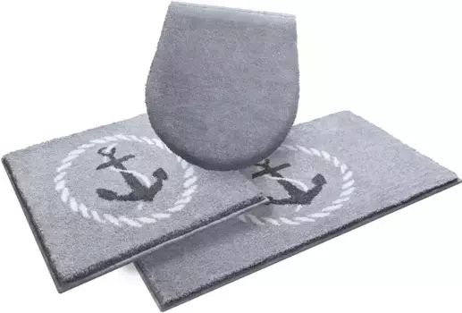 Коврик для ванной Grund "Port Louis", высота 20 мм, нескользящее покрытие, подходит для пола с подогревом, дизайн с анкером, морской 3 шт. Отдельностоящий туалетный гарнитур, цвет silberfarben