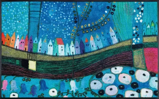 Коврик стирка+сушка от Kleen-Tex "City in Blue", прямоугольный, грязеулавливающий коврик, нескользящий, можно стирать Wash+dry by Kleen-Tex 50х75 см, синий