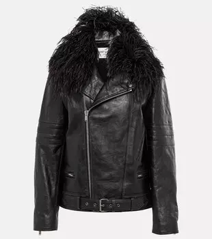 Кожаная байкерская куртка с отделкой из перьев SAINT LAURENT, черный