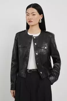 Кожаная куртка без воротника на пуговицах Karen Millen, черный