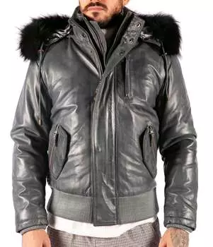 Кожаная куртка-бомбер с капюшоном TruClothing, серый