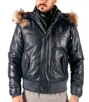 Кожаная куртка-бомбер с капюшоном TruClothing, темно-синий