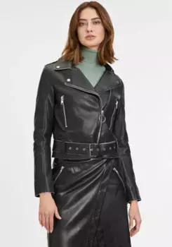 Кожаная куртка "G2W Celine SF", цыганская, с асимметричной молнией, поясом, деталями на молнии Gipsy, черный