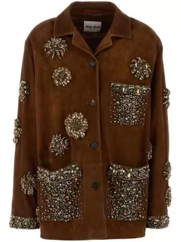 Кожаная куртка Miu Miu, украшенная кристаллами, коричневый