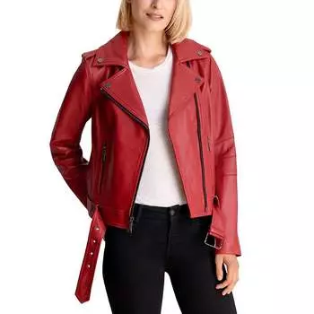 Кожаная куртка Moto Belted Zip Up в алом цвете Michael Kors, цвет scarlet