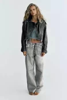 Кожаная куртка с эффектом потёрности ZARA, серый