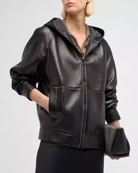 Кожаная куртка с капюшоном на молнии и перчатках Brunello Cucinelli, цвет C101 Black