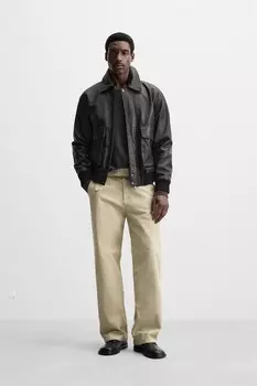 Кожаная куртка с карманами ZARA, черный