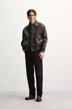 Кожаная куртка с карманами ZARA, коричневый