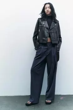 Кожаная куртка с молниями ZARA, черный