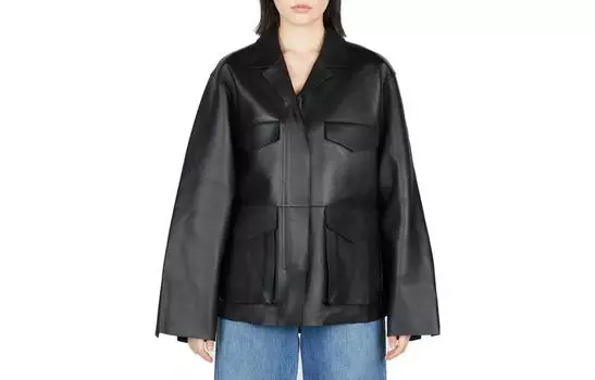 Кожаная куртка с широкими рукавами на молнии TOTEME, черный