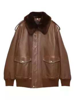 Кожаная куртка с воротником из овчины Prada, коричневый