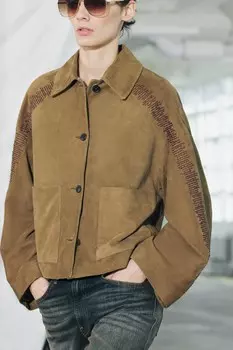 Кожаная куртка с вышивкой ZARA, коричневый