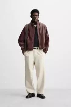 Кожаная куртка свободного покроя ZARA, бордовый