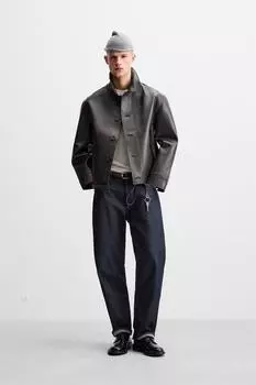 Кожаная куртка укороченного покроя ZARA, коричневый