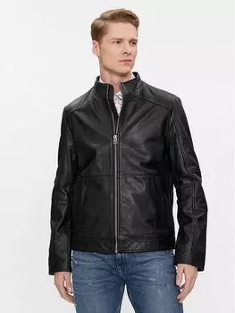 Кожаная куртка узкого кроя Hugo, черный