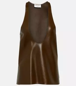 Кожаная майка с глубоким вырезом Saint Laurent, коричневый
