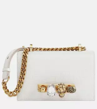 Кожаная мини-сумка через плечо Satchel с драгоценными камнями Alexander McQueen, белый
