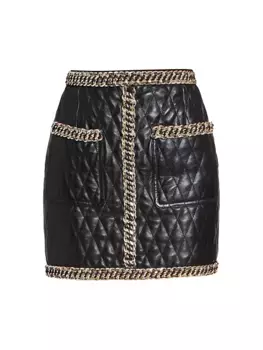 Кожаная мини-юбка со стеганой цепочкой Balmain, цвет black gold