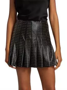 Кожаная плиссированная юбка с золотыми заклепками черного цвета alice + olivia