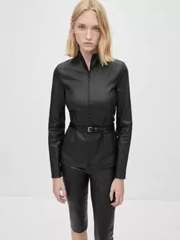 Кожаная приталенная куртка Mango, черный
