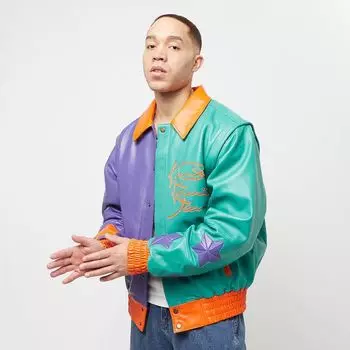 Кожаная студенческая куртка с металлическими пластинами Karl Kani, цвет petrol/purple/orang